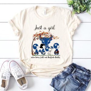 Just A Woman Who Loves Fall And Buffalo Bulls Peanuts Cartoon Shirt