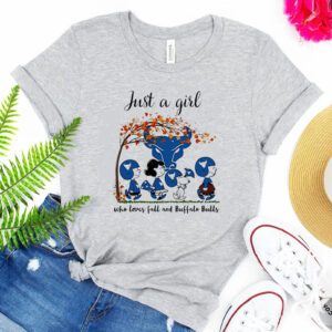 Just A Woman Who Loves Fall And Buffalo Bulls Peanuts Cartoon Shirts