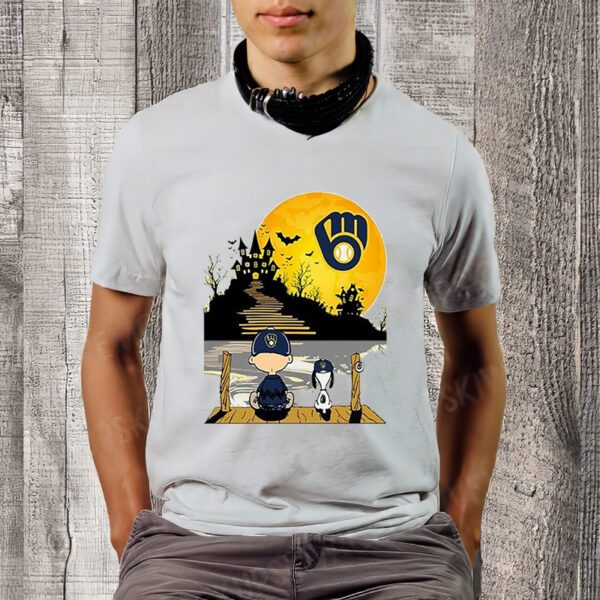 Snoopy Charlie Brown Sit Under Moon Milwaukee Brewers Halloween ShirtT