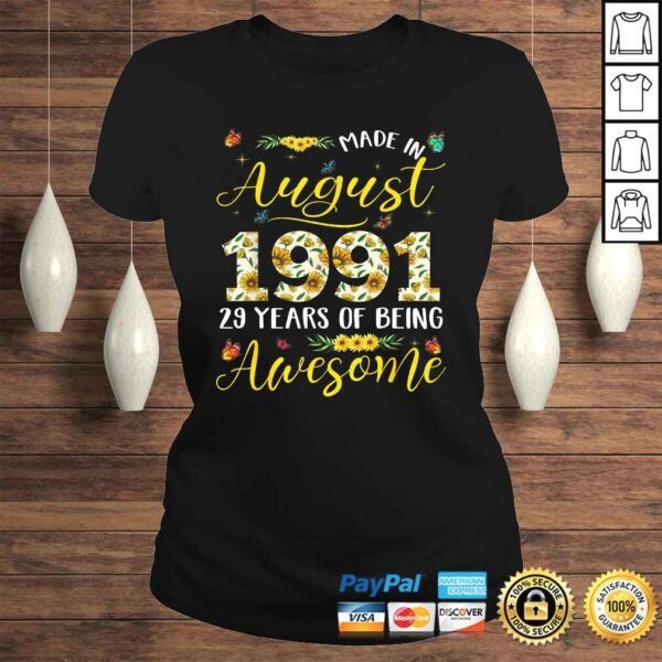 August 1991 29 Years Old 29th Birthday Gift Cute Sunflowers TShirt - Image 3