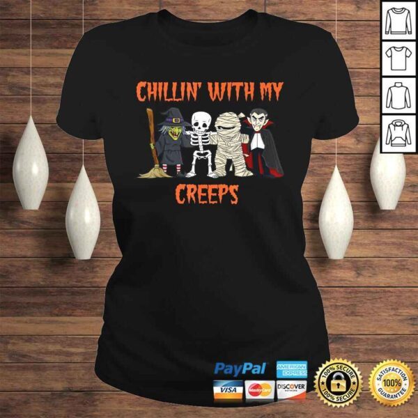 Funny Chillin With My Creeps Vampire Halloween Skeleton Witch TShirt - Image 3