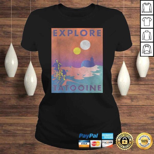 Funny Star Wars Explore Tatooine Faded Retro C-3PO & R2-D2 Poster TShirt - Image 3