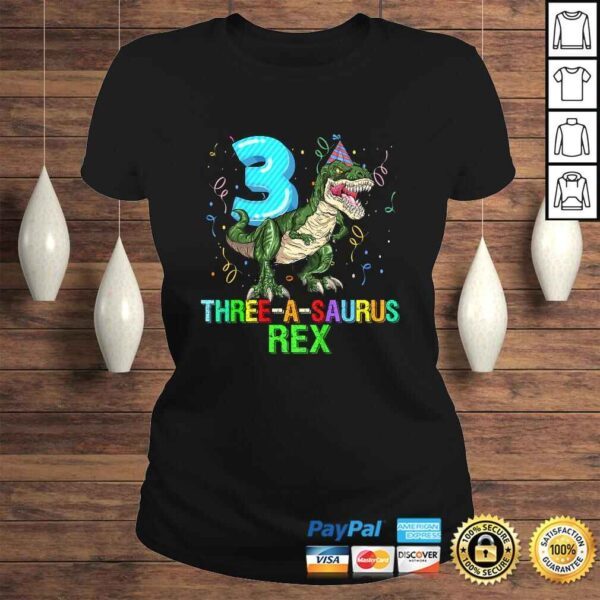 Kids 3 Year Old Boy 3rd Birthday Dinosaur Gift Threeasaurus Shirt - Image 3