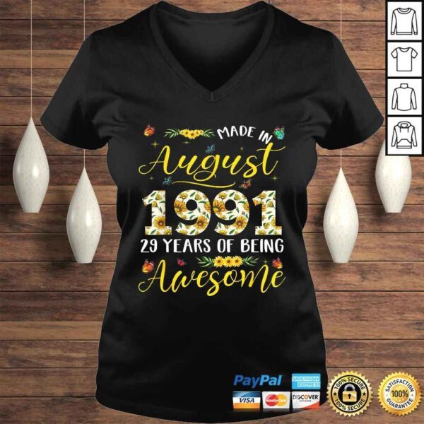 August 1991 29 Years Old 29th Birthday Gift Cute Sunflowers TShirt - Image 2