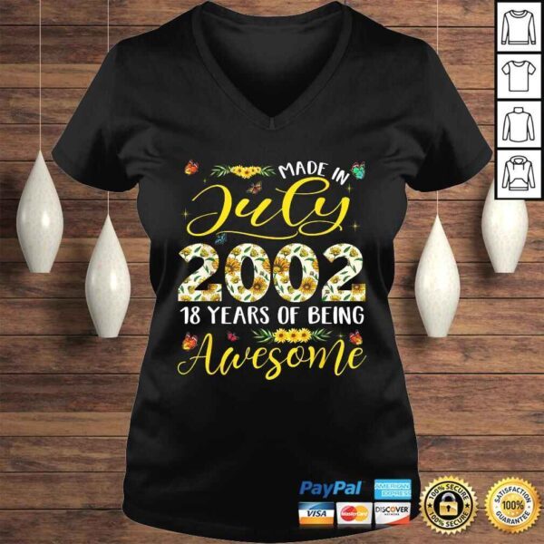 July 2002 18 Years Old 18th Birthday Gift Cute Sunflowers V-Neck T-Shirt - Image 2