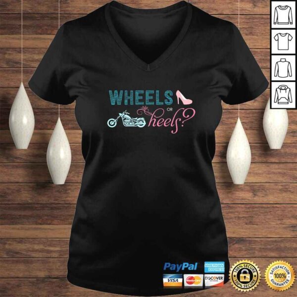 Wheels or Heels Motorcycle Gender Reveal Party Shirt - Image 2