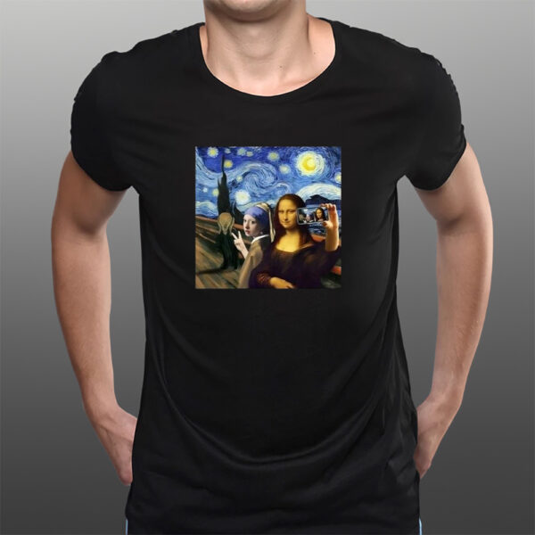 Vintage Mona Lisa Scream And Selfie Starry Night Funny Mona Lisa Van Gogh T-Shirtt