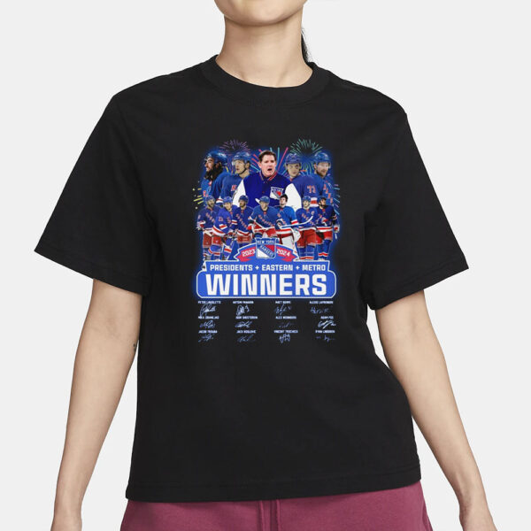 New York Rangers 2023-2024 Presidents + Eastern + Metro Winners T-Shirt1