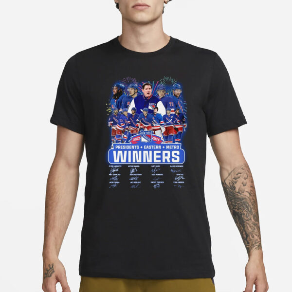 New York Rangers 2023-2024 Presidents + Eastern + Metro Winners T-Shirt3